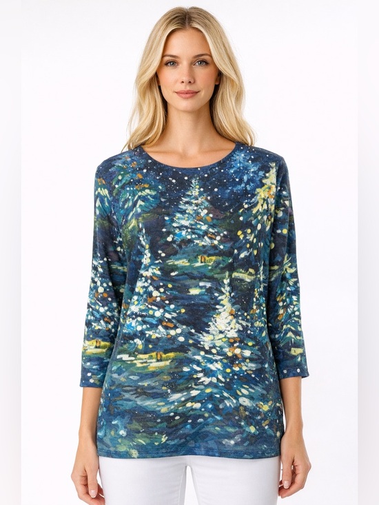 Alfred Dunner Tops - Alfred Dunner Women's Petite Starry Night Tree Top Navy/Green Size Petite Large